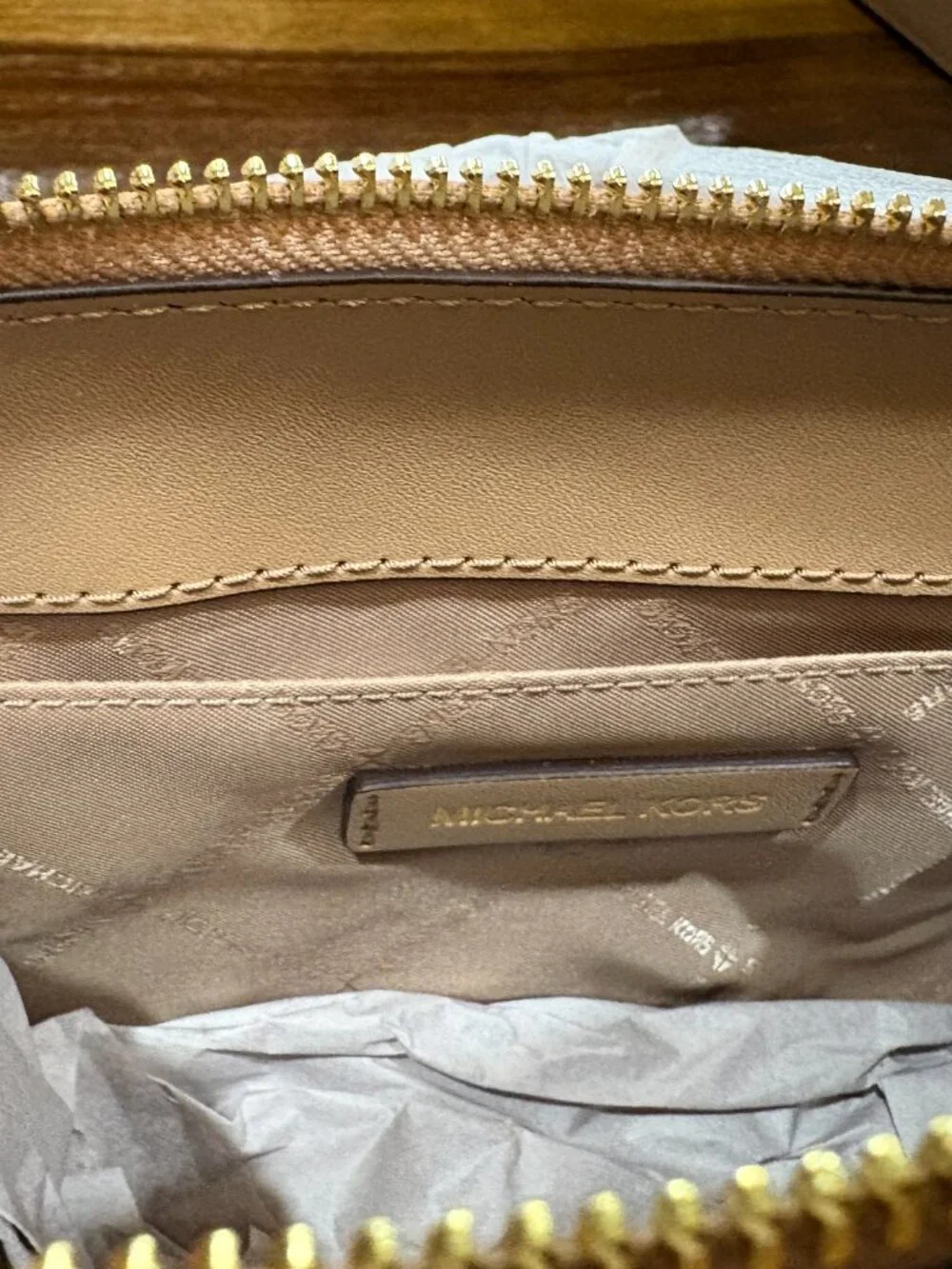 MICHAEL KORS Arden Small Top Zip Signature Logo Messenger Bag Camel NEW